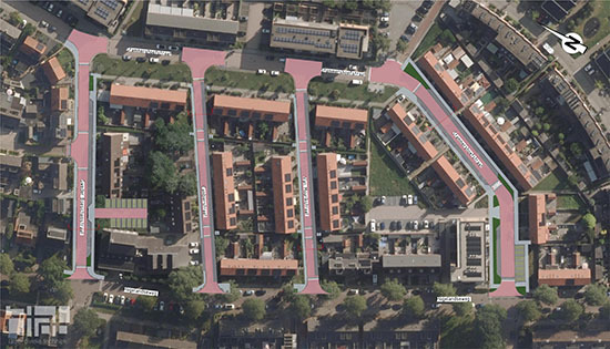 Ontwerp voor de 4 straten. Alle bestrating wordt vervangen. Er komen parkeervakken langs de rijbaan. Op de kruisingen en bij achterpaden komen drempels