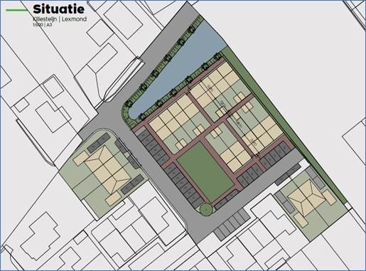 Situatietekening van de 18 woningen die komen tussen de Kortenhoevendijk en Killestijnstraat in Lexmond