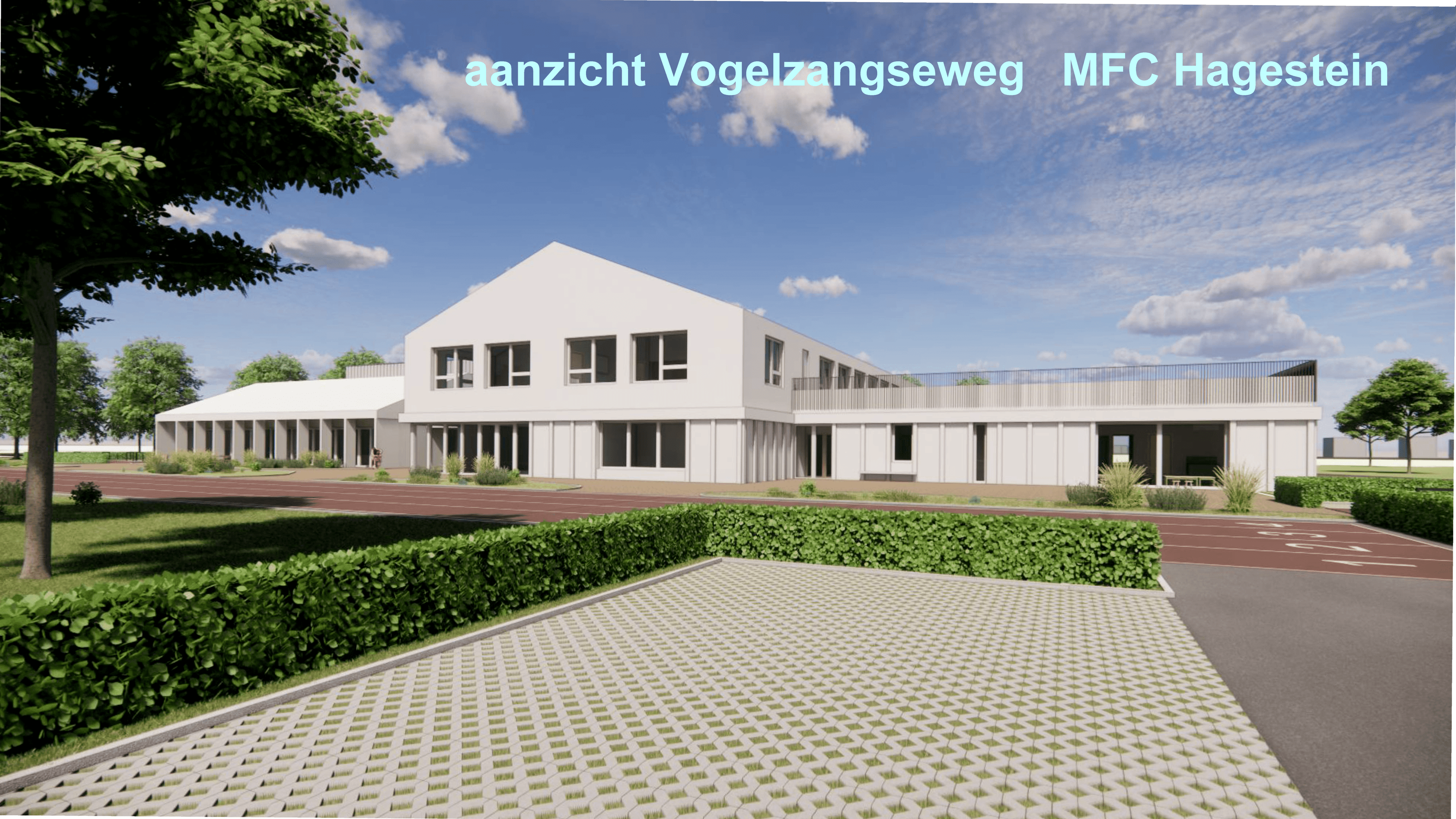 Vooraangezicht van het MFC Hagestein gezien vanaf de Vogelangseweg