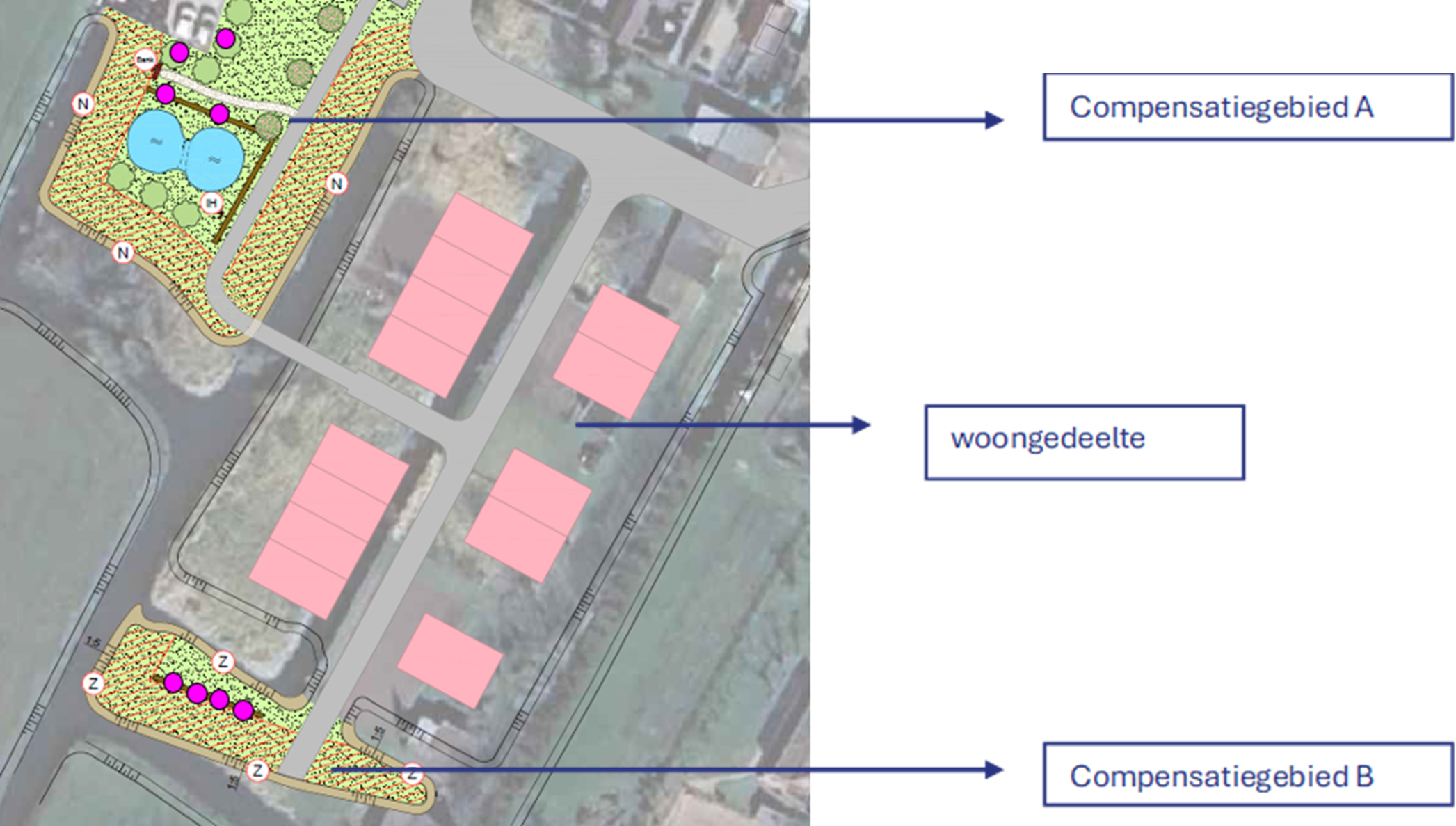 Luchtfoto van Van Zuilenstraat waarop een pluktuin, 13 woningen en een groenstrook zijn ingetekend.