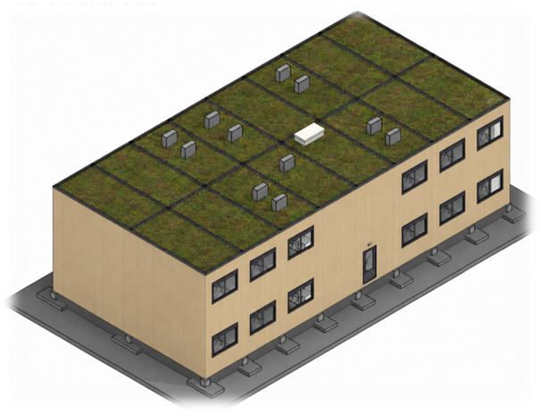 Een tekening van acht schoollokalen. Twee verdiepingen hoog. 