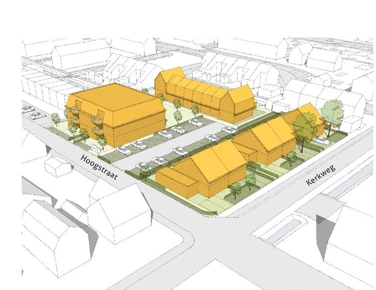 Bouwtekening van de te bouwen woningen aan de Hoogstraat en Kerkweg in Leerbroek