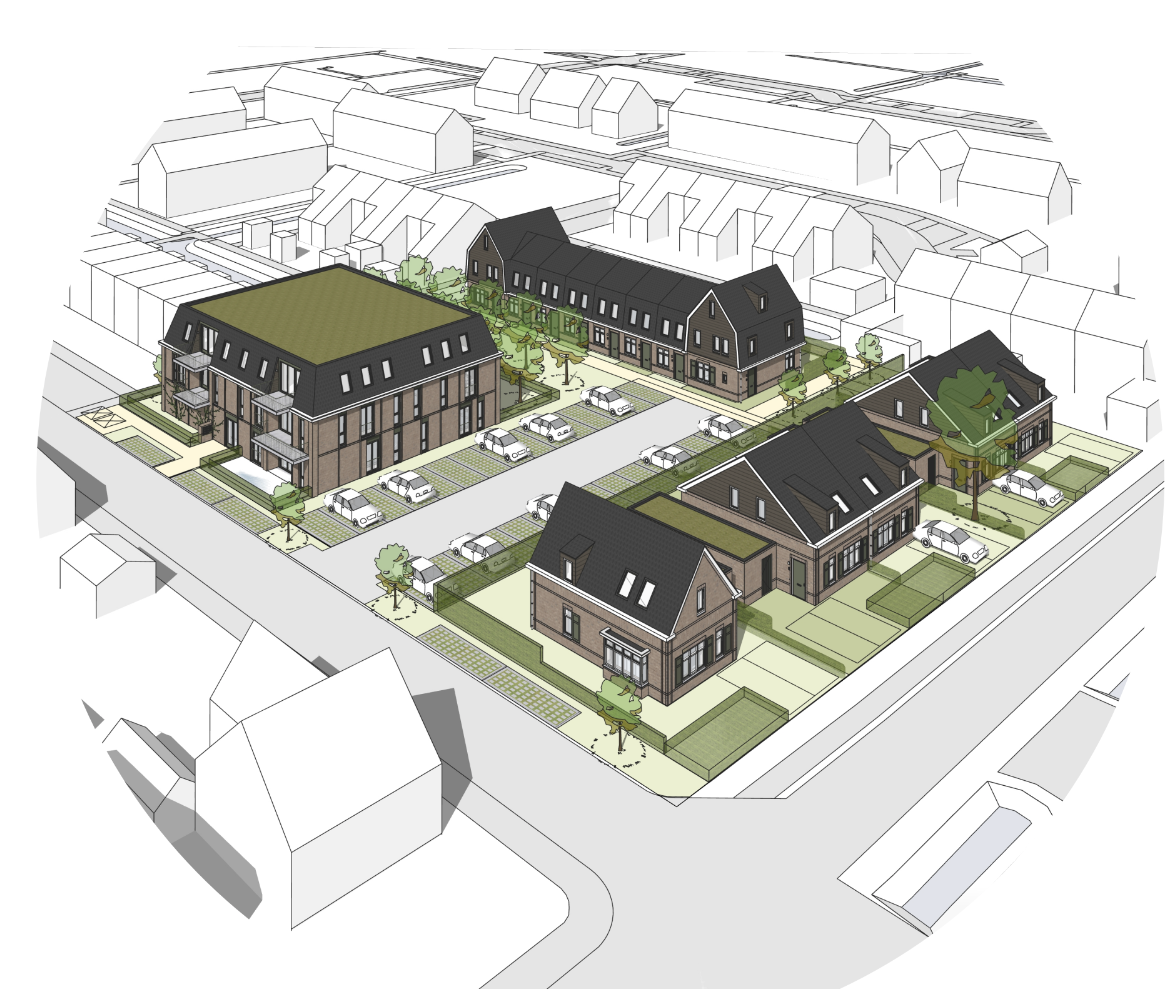 Artist impression van de te bouwen woningen aan de Hoogstraat en Kerkweg in Leerbroek