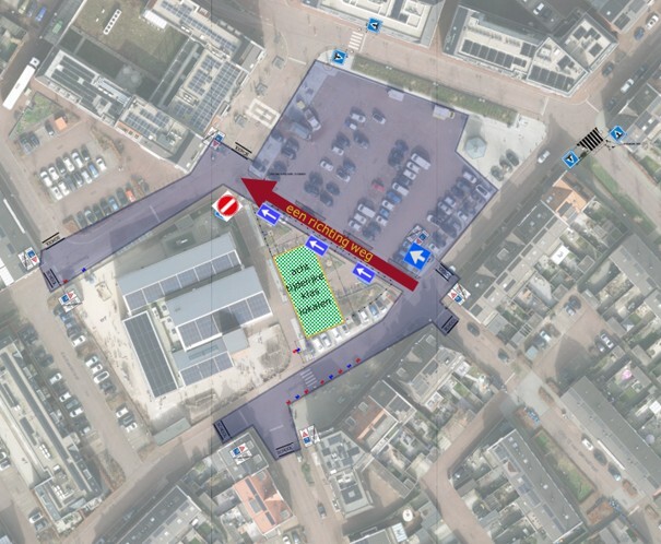 Luchtfoto van het gebied met een pijl om de éénrichtingstraat aan te geven