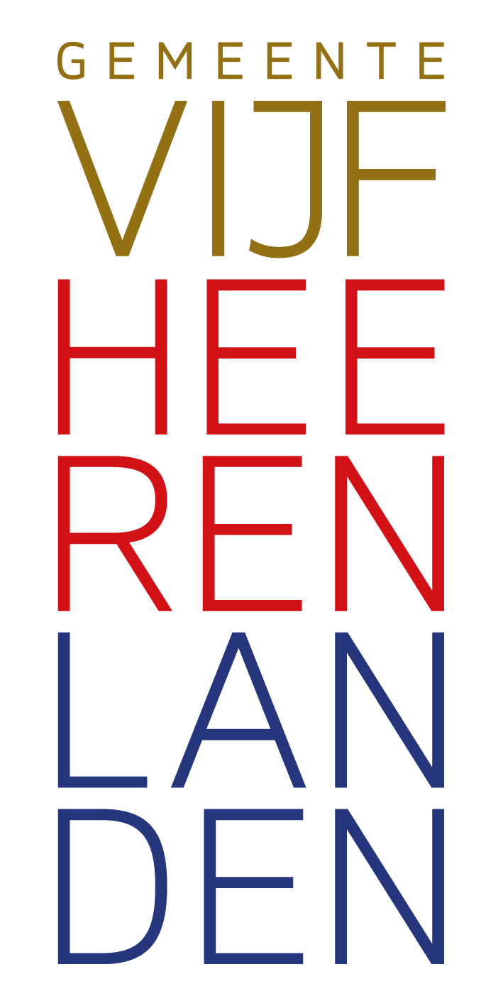 Het logo van de gemeente Vijfheerenlanden. Waarin het woord gemeente in het goud staat. En Vijfheerenlanden onder elkaar is geschreven: vijf in het goud, hee en ren in het rood & lan en den in het blauw