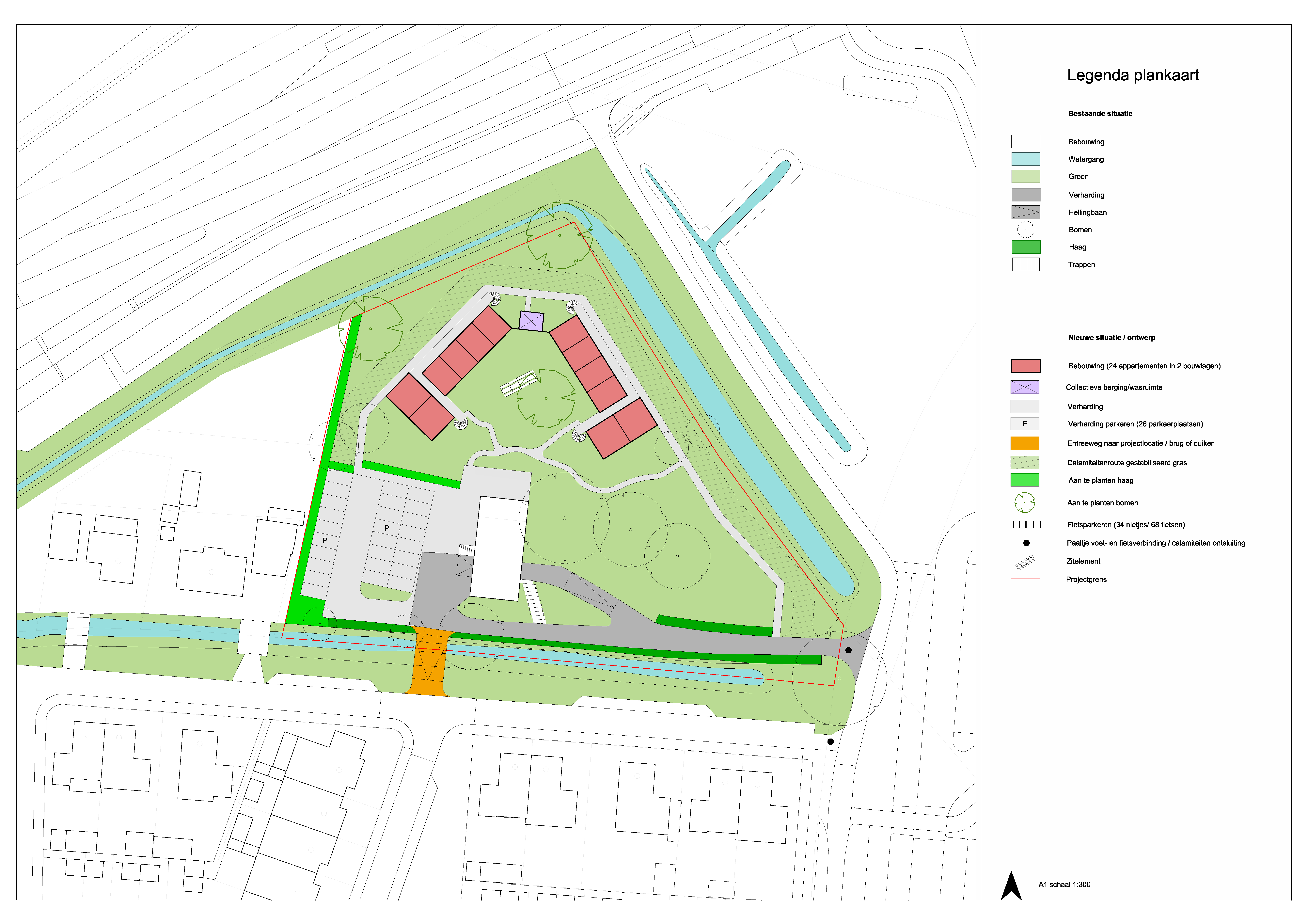 Inrichtingsplan Monnikendreef Vianen: plattegrond van de bebouwing, de parkeerplaatsen en het groen
