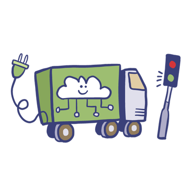 Tekening van een kleine bestelbus met een stekker voor een verkeerslicht