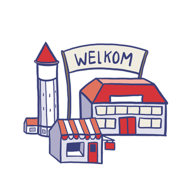 Tekening van een watertoren, een winkel en een bedrijfspand met een bord waarop staat 'welkom'