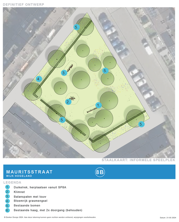 ​Op de afbeelding is een plattegrond te zien van de nieuwe speelplek. Een beschrijving van hoe de speelplek eruit komt te zien is te lezen in de tekst boven deze afbeelding.